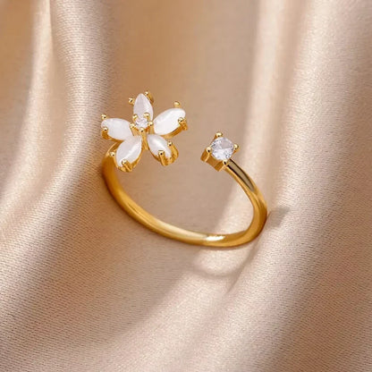 Fashion Zircon Sun Flower Rings For Women Stainless Steel Gold Color Geometric Ring Trendy Wedding Party Aesthetic Jewelry Gifts