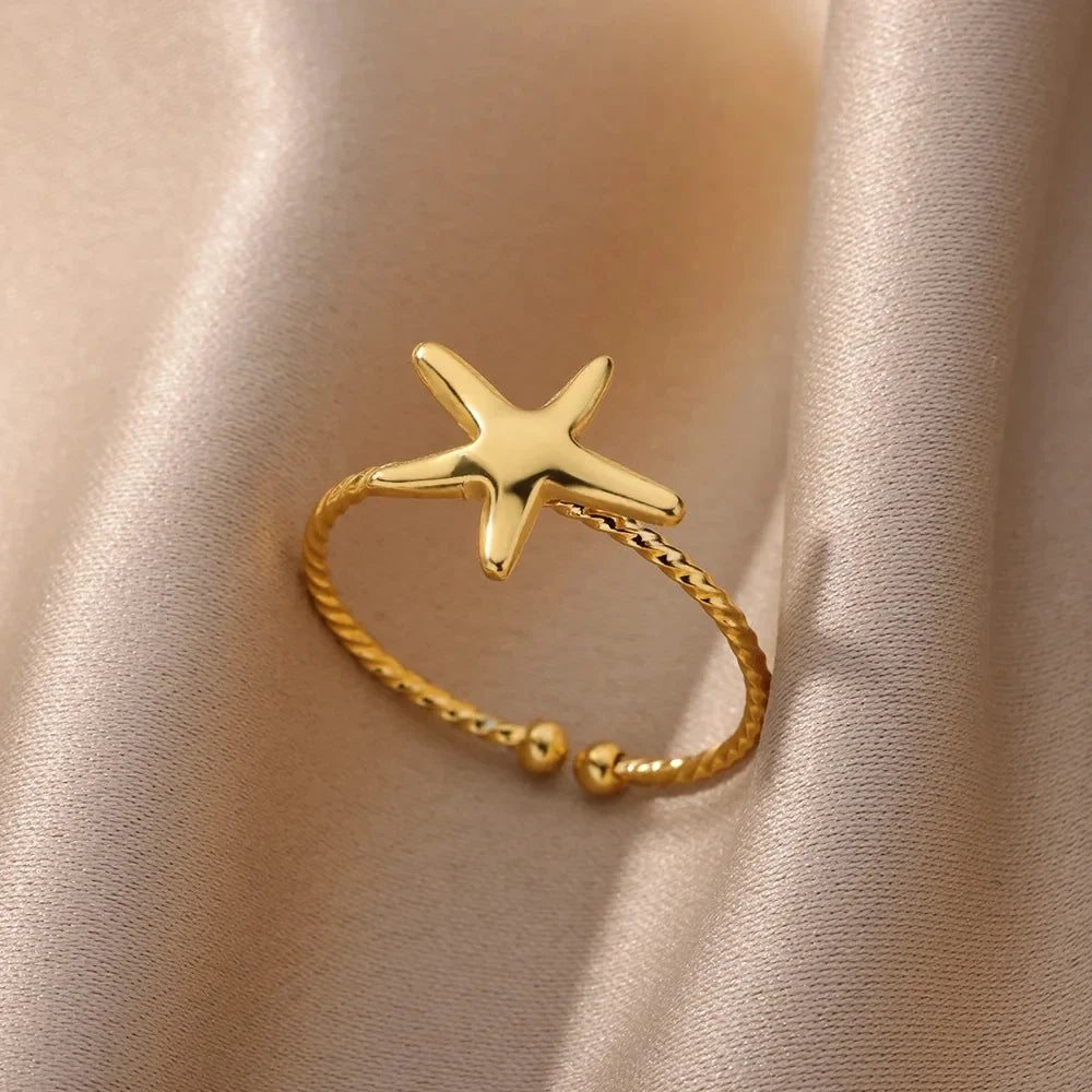 Starfish Shell Stainless Steel Open Rings For Women Fashion Gold Color Finger Ring Trendy Summer Beach Vacation Ocean Jewelry