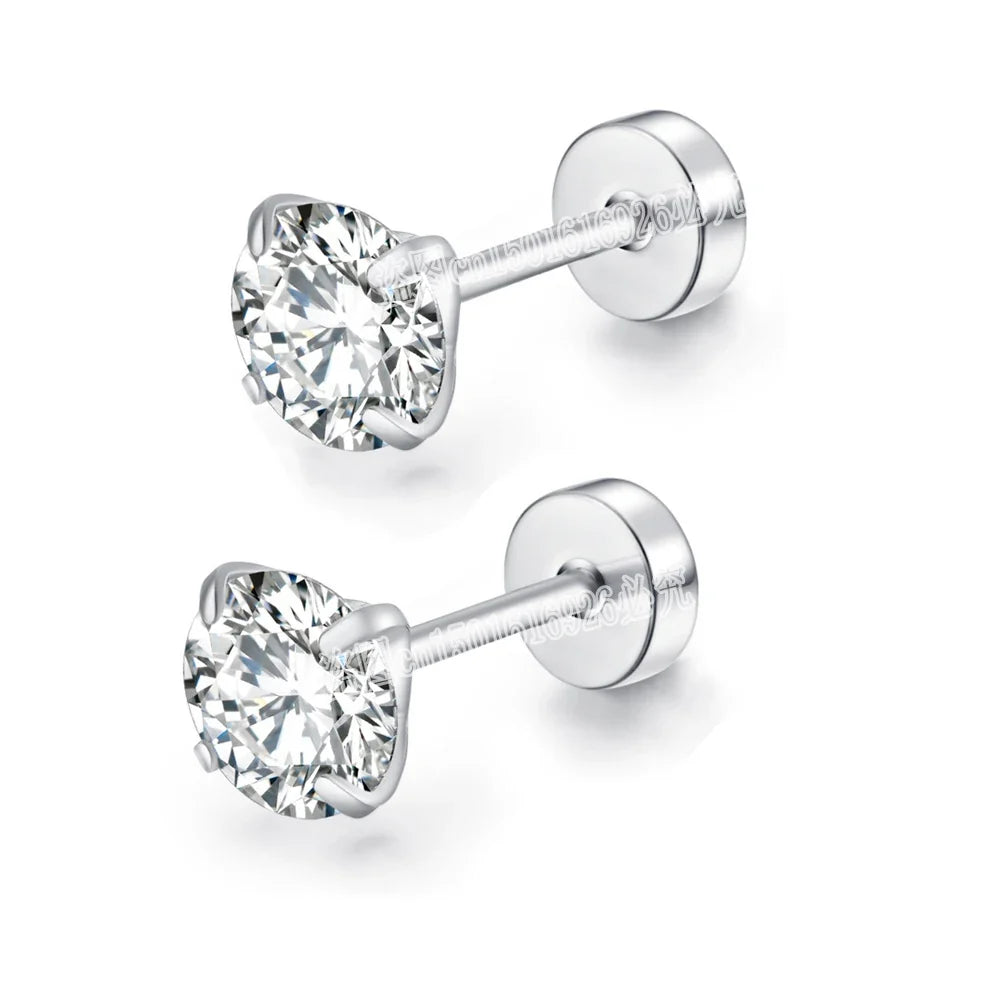 Stainless Steel Cubic Zirconia Stud Earrings | Screw-Back CZ Earrings for Women and Men