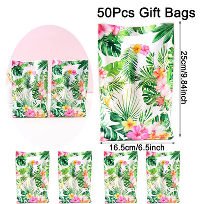 Tropical Hawaiian Party Tablecloth and Candy Bags Set | Flamingo Summer Decor