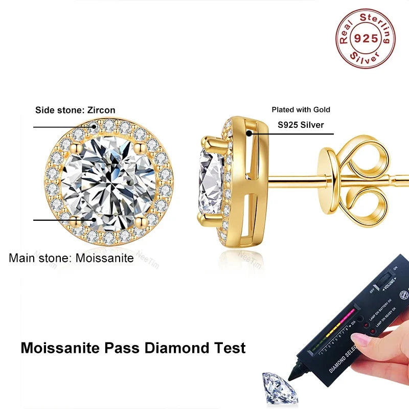NeeTim 0.5ct 1ct 2ct Moissanite Stud Earrings For Women Party Bridal S925 Sterling Silver with Gold Plated Lab Diamond Earring