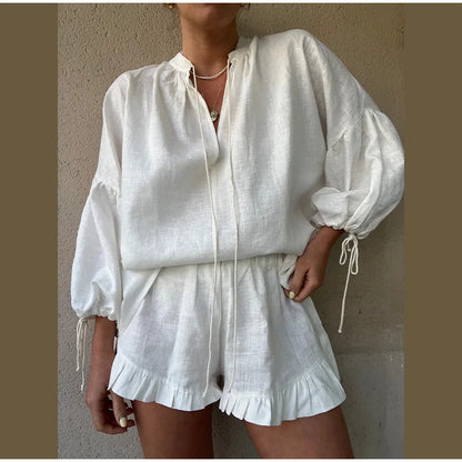 Women's Solid Cotton Linen Ruffle Shorts Suit V-neck Long Sleeve Drawstring Loose 2 Pieces Set