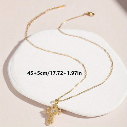 1Pcs Cross Necklace Pendant Religious Blessing Stainless Steel Sturdy Gold Necklace Water Diamond Inlay Trendy Fashion
