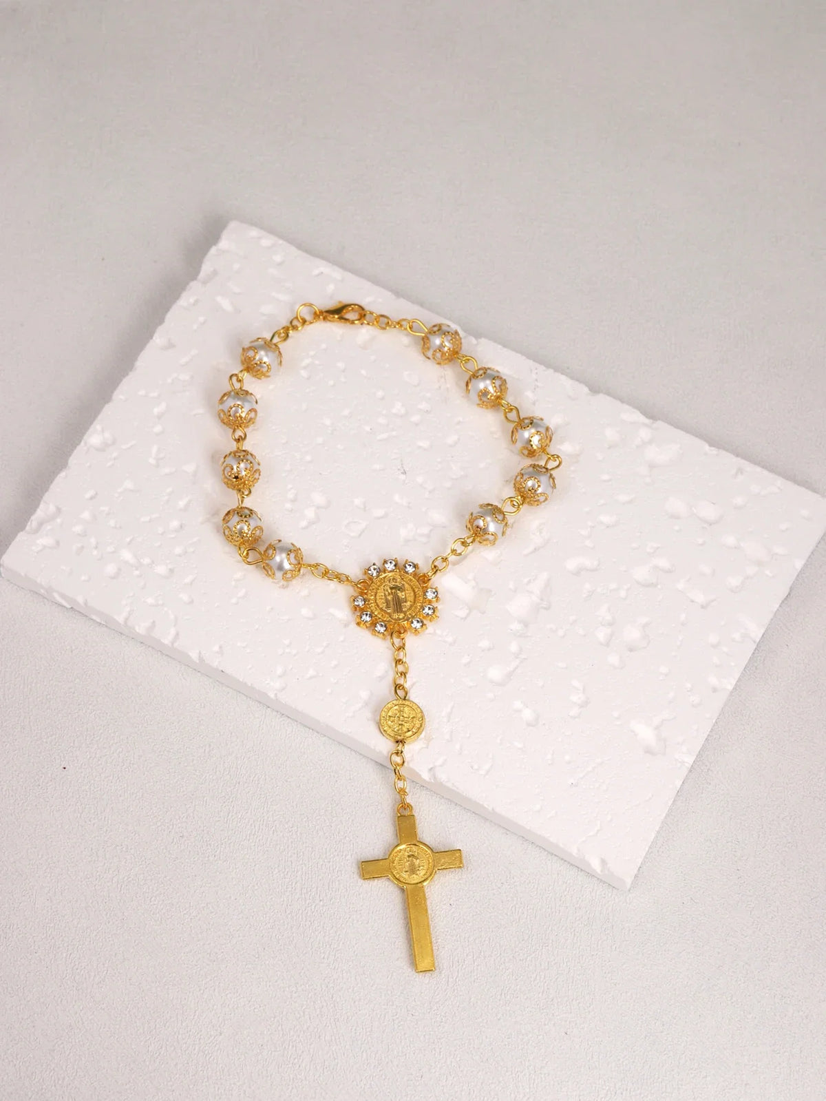 One Decade Auto Rosary Beads Catholic Bracelet Saint Benedict Crucifix Divine Mercy Gift for Women Men