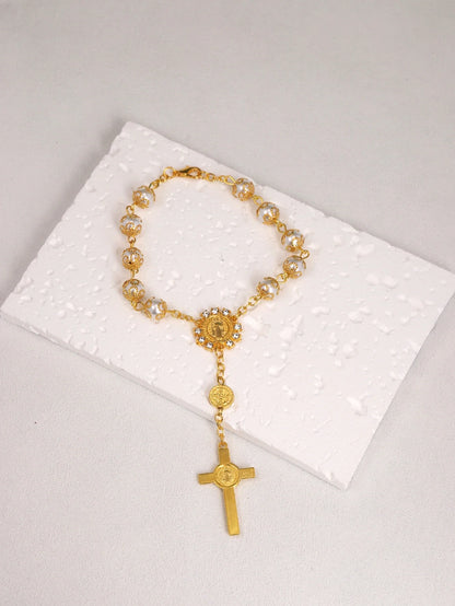 One Decade Auto Rosary Beads Catholic Bracelet Saint Benedict Crucifix Divine Mercy Gift for Women Men
