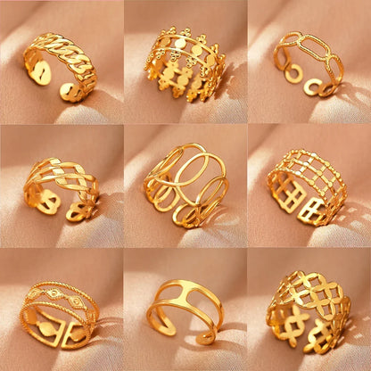 Stainless Steel Rings Vintage Exquisite Hollow Adjustable Open Statement Rings Light Luxury Fashion Rings For Women Jewelry New