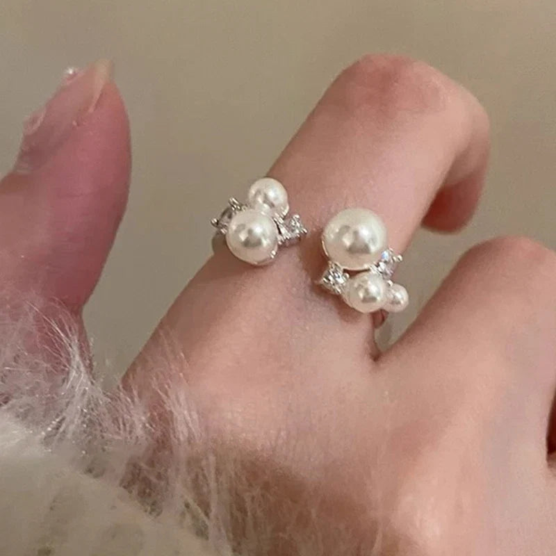 PANJBJ 925 Sterling Silver Pearl Irregular Ring | Women Shell Overlapping Hollow Sweet Design Jewelry