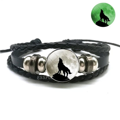 Glow In The Dark Wolf Head Bracelet Multilayer Leather Bracelet Charm Women Men Fashion Luminous Bracelets Wolf Jewelry