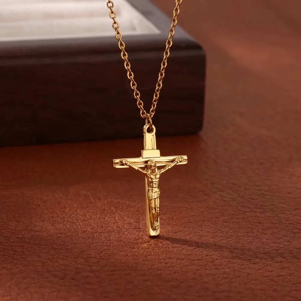 Stainless Steel Cross Necklace For Women Gold Color Chain Cross Pendant Necklaces Retro Religion Jewelry Gift bijoux femme