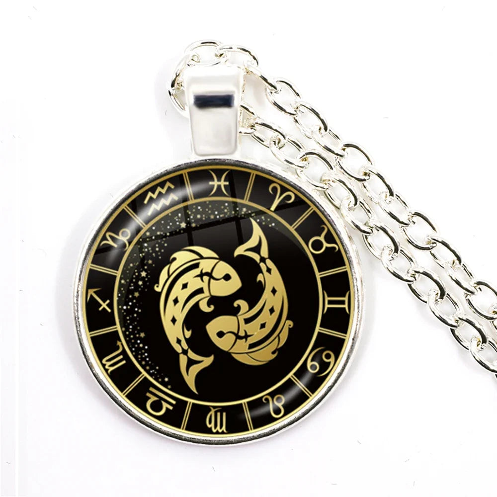 12 Constellation Zodiac Pendant Necklace | Antique Bronze Glass Dome Jewelry