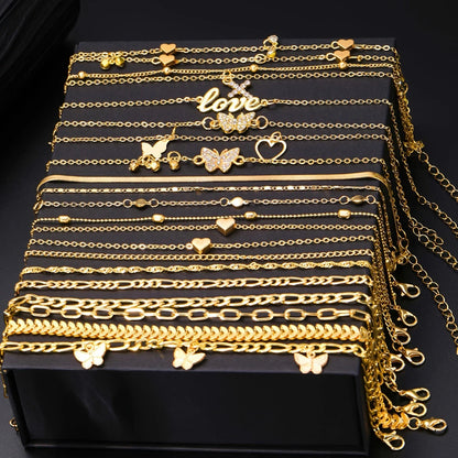 18Pcs Bohemian Summer Beach Anklet Set For Women Vintage Butterfly Heart Crystal Pendant Foot Bracelets Fashion Jewelry Gift New