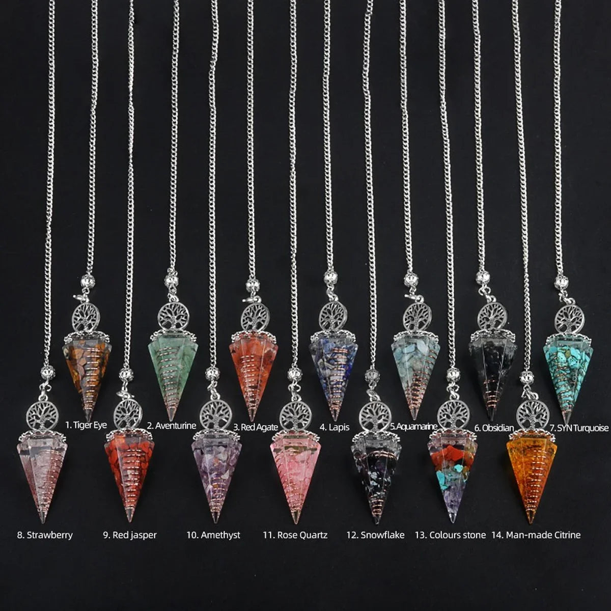 20x52mm Natural Stone Pendulum Tree of Life Hexagonal Cone Crushed Stone Obsidian