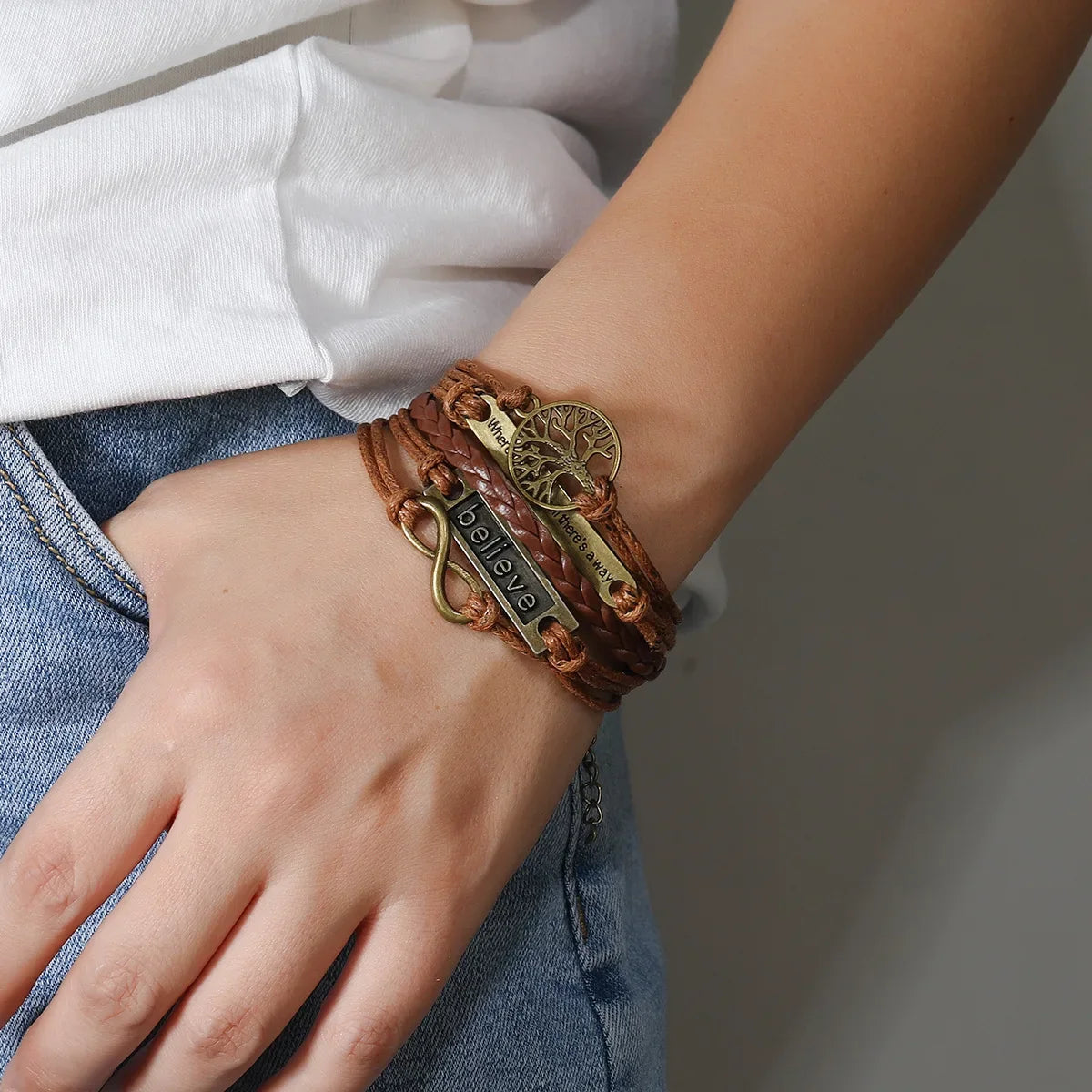 Brown Believe Tree of Life Infinity Charm Faux Leather Bracelet