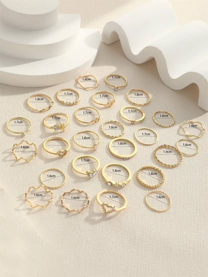 28pcs Fashion Ring Set for Women Heart Shaped Design Geometric Bohemian Element Accent Ring Daily Wear Dating Party Jewelry 2025