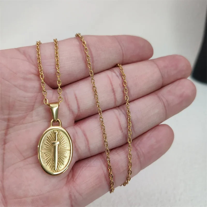 Fashion Punk 18K Gold PVD Plated Jewelry Sword Pendant Necklace Charms Necklace For Men Women Trendy Link Chain Jewelry