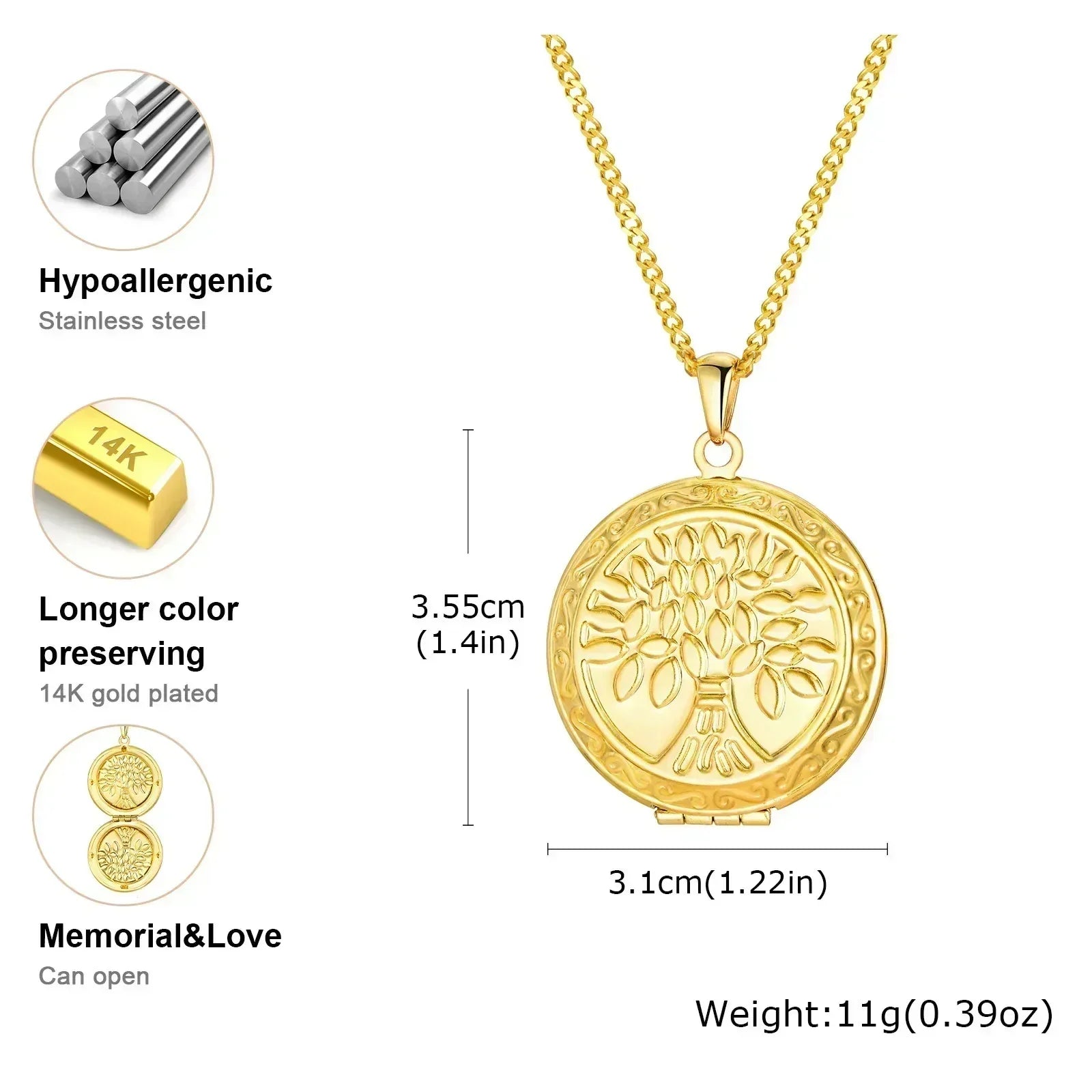 Vnox Stainless Steel Heart Locket Necklace Pendant with Photo Frame, Elegant Gold Plated Design Womens Gift