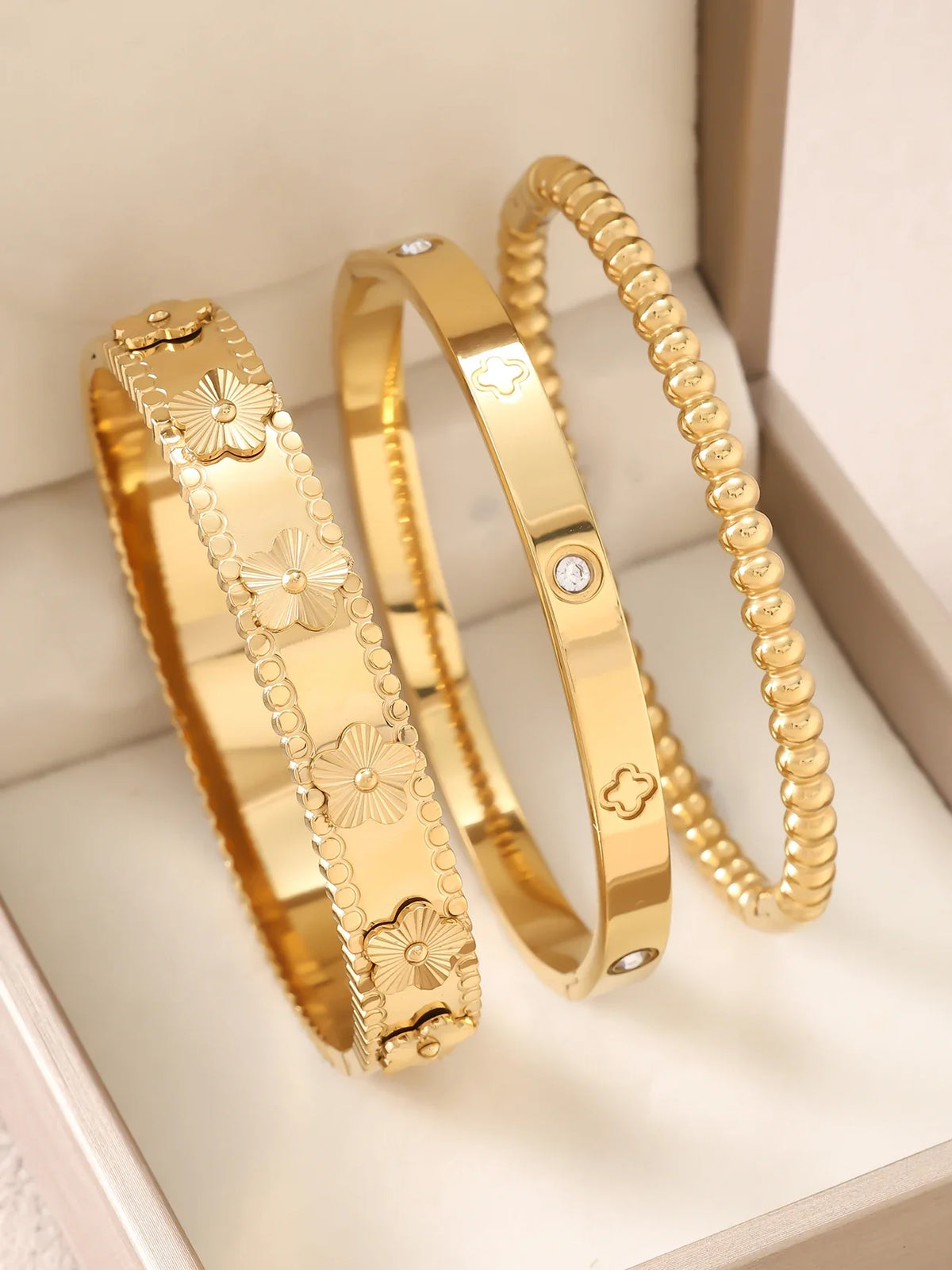 1pc 18K Gold Plated Stainless Steel Stackable Bracelet With Chain And Clover Design, Fashion Style For Women, Suitable For Casua