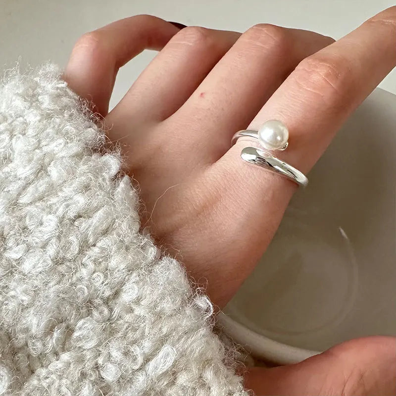 PANJBJ 925 Sterling Silver Pearl Irregular Ring | Women Shell Overlapping Hollow Sweet Design Jewelry