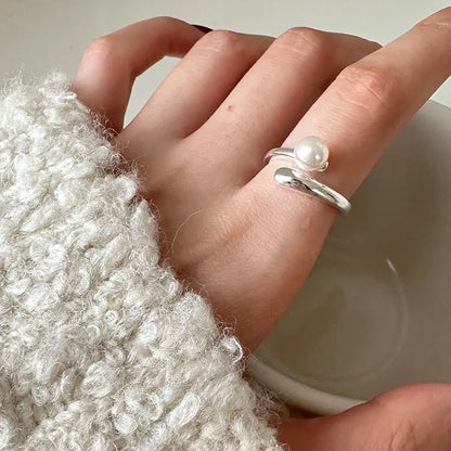 PANJBJ 925 Sterling Silver Pearl Irregular Ring | Women Shell Overlapping Hollow Sweet Design Jewelry
