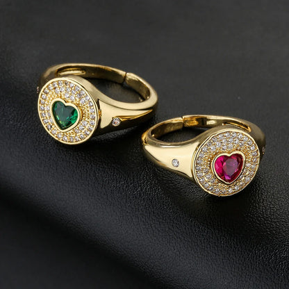 NEWBUY 2024 Hot Sale Red/Green CZ Zircon Heart Rings For Women Adjustable Gold Color Copper Wedding Jewelry Femme Bijoux