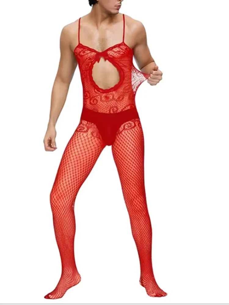 New Sexy Halter Men Fishnet Bodystockings Women Erotic Lingerie Open Crotch White Crotchless Teddies Bodysuit Underwear Costumes