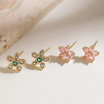 NEWBUY Delicate Gold Color Cute Flower Stud Earrings For Women Pink Green White CZ Crystal Jewelry Femme Bijoux