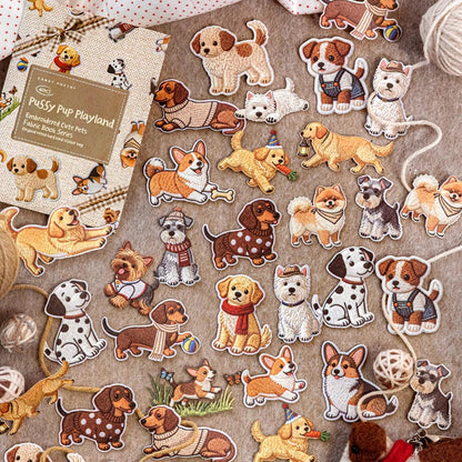 Kawaii Embroidered Fabric Pet Sticker Set | 40Pcs White Kraft Paper Journal Decor