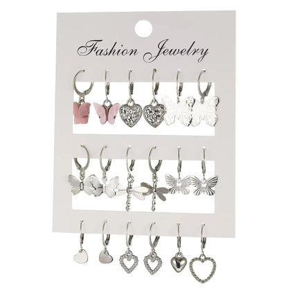 9 Pairs/ Set Exquisite Butterfly Heart Dragonfly Design Dangle Earrings Simple Vacation Style Delicate Holiday Earrings