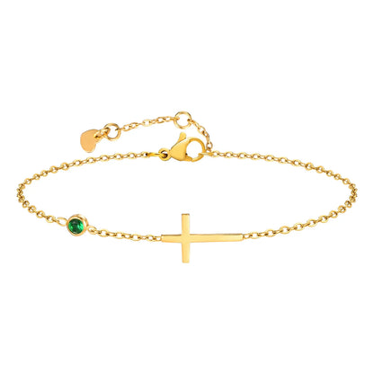 Birthstone Zirconia Thin Chain Link Cross Bracelet Stainless Steel Women's Adjustable Link Stacked Layered Chain Bracelets