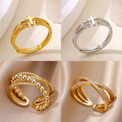 Zircon Cross Rings For Women Gold Color Stainless Steel Crystal Cross Adjustable Ring Religious Wedding Christmas Jewelry Gift