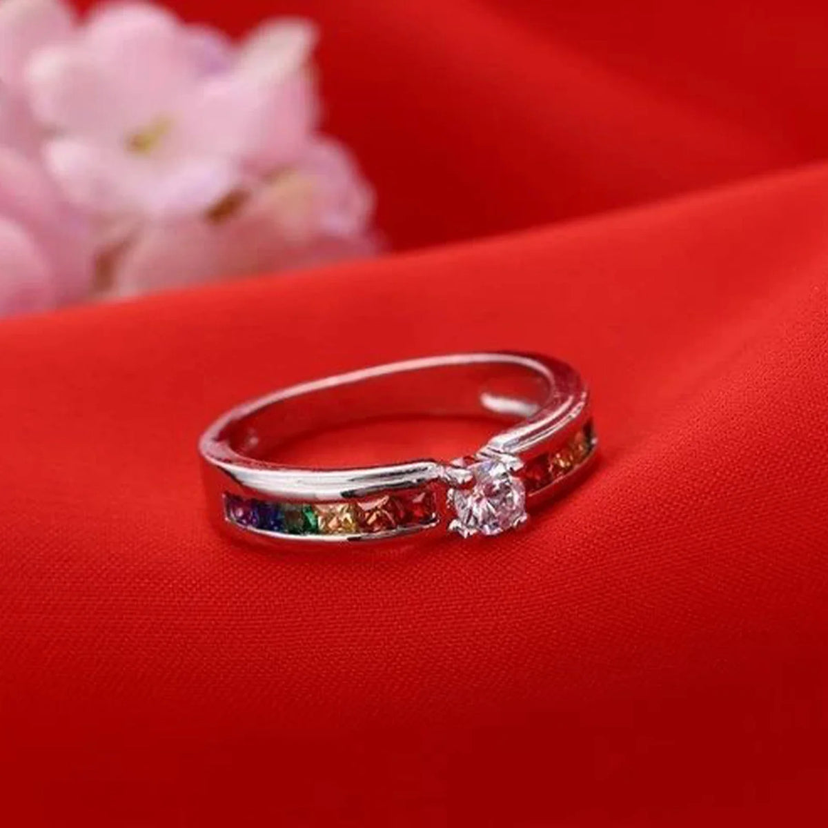 Real 100% 925 Sterling Silver Color Rainbow Cubic Zircon Rings For Women Wedding Lovely Engagement Proposal Ring Accessory