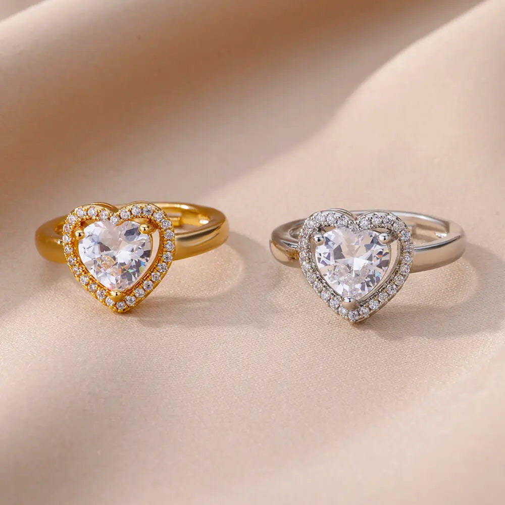 Stainless Steel Heart Rings For Women Zircon Gold Color Heart Adjustable Ring Femme Wedding Party Accessories Jewelry Gift 2024