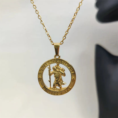 Hot Sale Religious 18K Gold Plated St.Christopher Necklace Stainless Steel Pendant Necklace For Men Women Jewelry Gift