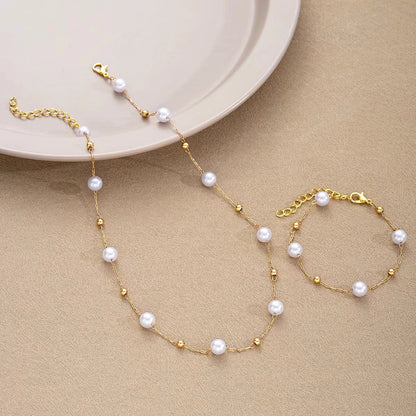 2 Pcs Exquisite Gold Color Bohemian Jewelry Set for Women Fashion Pearl Cross Pendant Necklace Bracelet Set Casual Jewelry Gifts