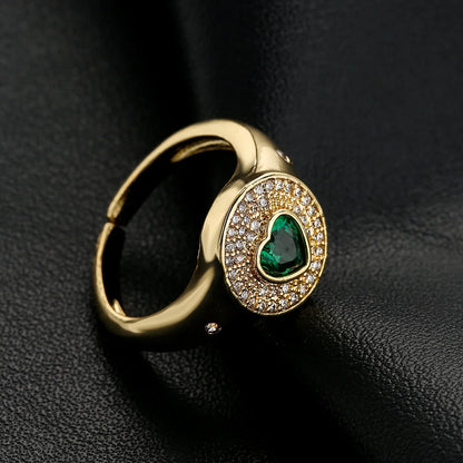 NEWBUY 2024 Hot Sale Red/Green CZ Zircon Heart Rings For Women Adjustable Gold Color Copper Wedding Jewelry Femme Bijoux