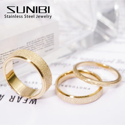 SUNIBI Frosted Stainless Steel Ring for Women Fashion Simple Gold Color Finger Rings Wedding Gifts Girls Jewelry Wholesale