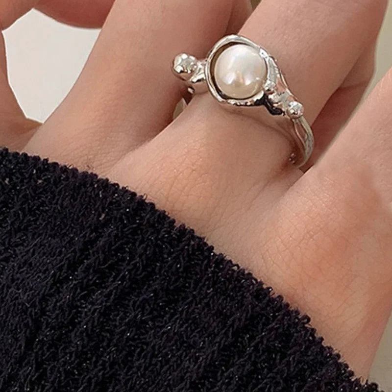 PANJBJ 925 Sterling Silver Pearl Irregular Ring | Women Shell Overlapping Hollow Sweet Design Jewelry