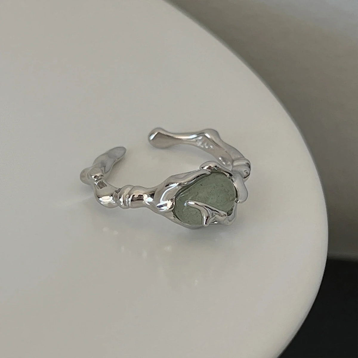 925 Sterling Silver plated Liquid Lava Hetian Jade Bamboo Ring for Women Girl Gift Irregular Vintage Jewelry