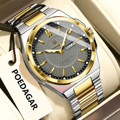 POEDAGAR Top Original Men's Watches Stainless Steel Waterproof Luminous Man Watch Date Week Classic Trendy Quartz Men Wristwatch