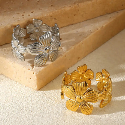 Unique Design Flower  Rings For Women Geometric Stainless Steel Flower Opening Ring Gold Color Jewelry Gift Anillos