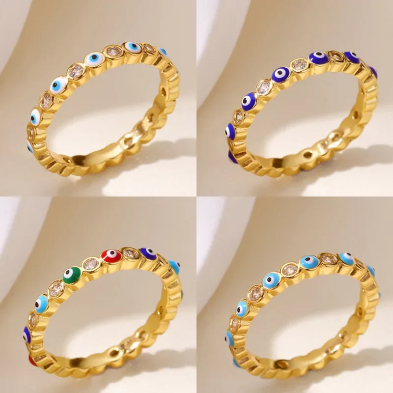 Zircon Evil Eye Rings For Women Gold Color Stainless Steel Evil Eye Finger Ring Lucky Aesthetic Turkish Waterproof Jewelry Gift