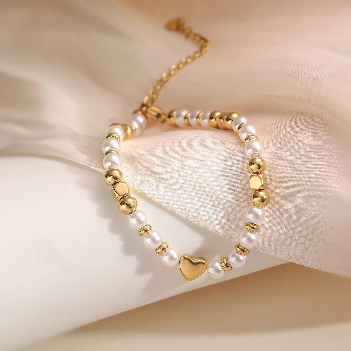 NEWBUY 2025 Trendy Gold Color Non-Fading Stainless Steel Beads Pearl Heart Bracelet For Women Daily Jewelry Accessories