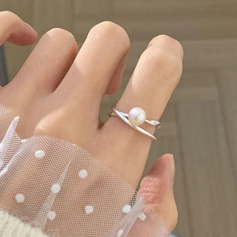 PANJBJ 925 Sterling Silver Pearl Irregular Ring | Women Shell Overlapping Hollow Sweet Design Jewelry