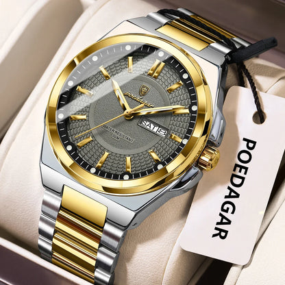 POEDAGAR Top Original Men's Watches Stainless Steel Waterproof Luminous Man Watch Date Week Classic Trendy Quartz Men Wristwatch