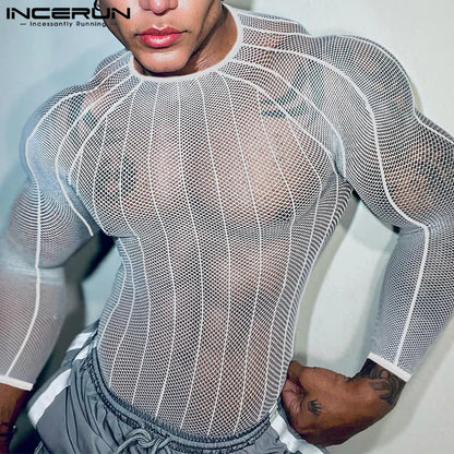 Party Nightclub Style Tops INCERUN Men's See-through Thin Design T-shirts Sexy Leisure Male Hot Sale Long Sleeved Camiseta S-3XL