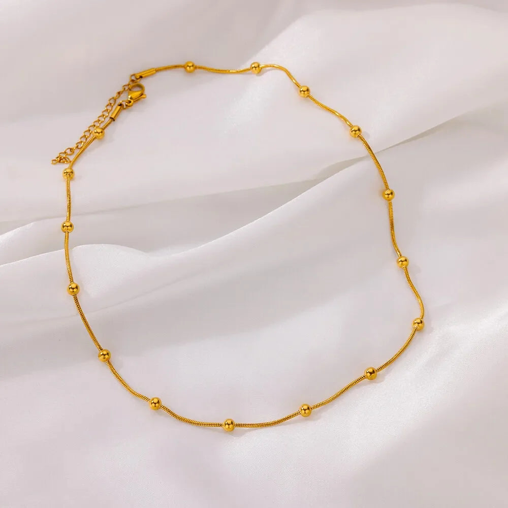Stainless Steel Beaded Round Snake Chain Necklaces For Women Gold Color Geometric Necklace Luxury Wedding Party Jewelry Gift BFF