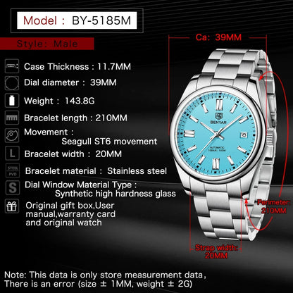 New BENYAR Luxury Automatic Watch 10ATM Waterproof Stainless Steel Men Mechanical Wristwatches Sports Diving Watch for Men