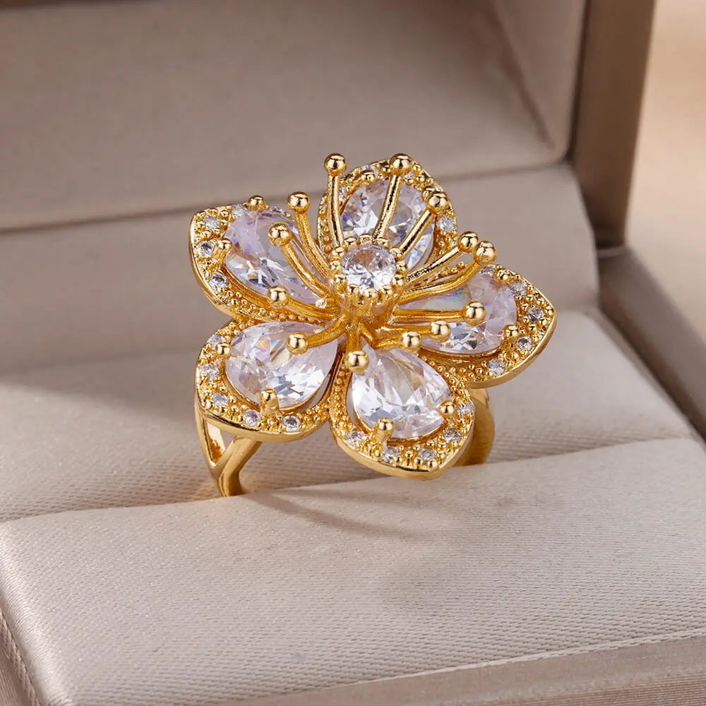 Pink Zircon Flower Rings for Women Gold Color Stainless Steel Ring 2025 Trend Elegant Floral Luxury Aesthetic Jewelry anillos