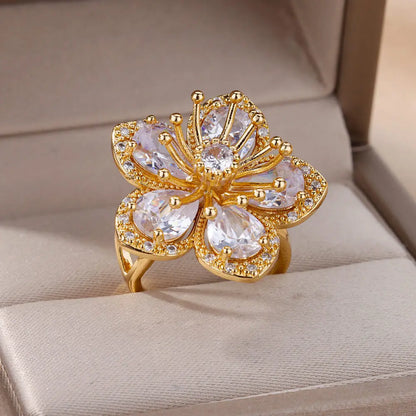 Pink Zircon Flower Rings for Women Gold Color Stainless Steel Ring 2025 Trend Elegant Floral Luxury Aesthetic Jewelry anillos