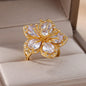 Pink Zircon Flower Rings for Women Gold Color Stainless Steel Ring 2025 Trend Elegant Floral Luxury Aesthetic Jewelry anillos